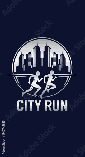 Dynamic Runners Silhouetted In Urban Metropolis: A City Run Emblem Design Concept