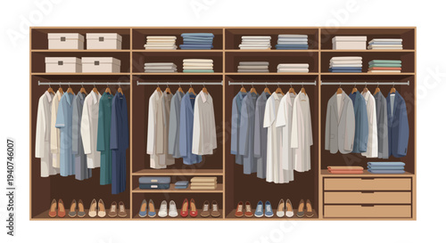 A well-organized wooden wardrobe is filled with a diverse collection of neatly folded and hanging garments, alongside various pairs of shoes.