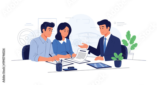 Three individuals, two customers and a sales agent, are seated at a desk, discussing and signing documents in a car dealership setting.