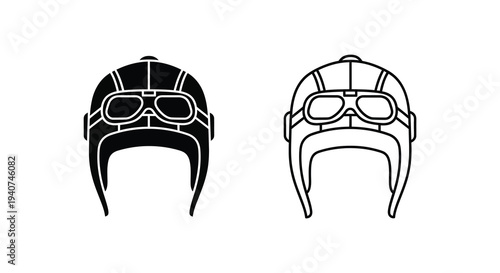 Two vintage aviator helmets one dark and one light rendered as a silhouette