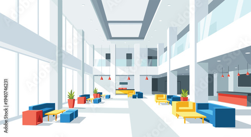 A spacious and brightly illuminated modern lobby features multiple colorful seating arrangements and reception desks within a contemporary building.
