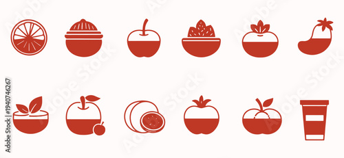 Fruit and Healthy Food Icons Set – Apple, Citrus, Berries and Organic Produce Vector Collection