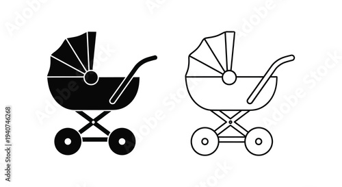 Two baby carriages depicted in contrasting styles a black and white silhouette