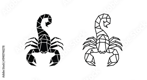Geometric scorpion designs in black and white showcasing a striking silhouette
