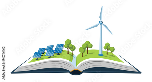 A clean isometric illustration presents a miniature green landscape with a large wind turbine, five solar panels, and several trees, all rising from the open pages of a book.