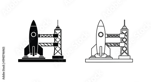 Two rocket launchpad designs depicted in a stark black silhouette