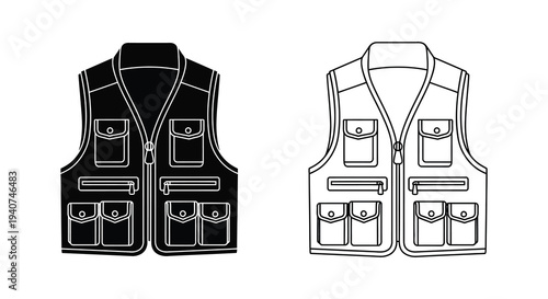 Two fishing vests one solid black and one outlined a graphic silhouette