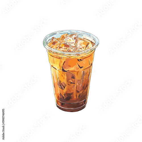 An illustration vector cold cappuccino latte in a plastic cup, refreshing to drink watercolor, whitebackground