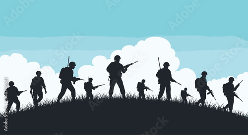 Eleven silhouetted soldiers, each carrying a rifle, march across a grassy hill under a light blue sky with soft white clouds.