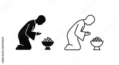 Two kneeling figures offering food to bowls a striking black silhouette
