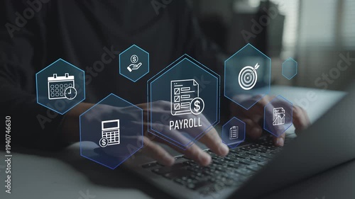 Digital payroll system concept. User using laptop with payroll and payment icons, employee salary management, financial records and HR administration.