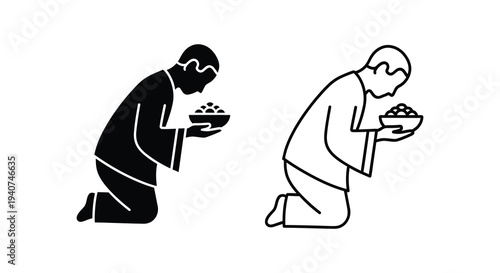 Two kneeling men offering food in a bowl black and white silhouette