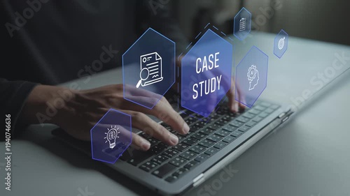 Case study analysis concept. Person using laptop with research and data analysis icons, business study, problem solving and strategic insights.