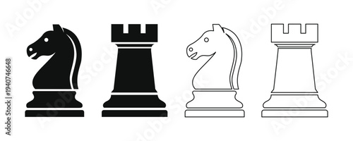 Chess pieces icon set with knight and rook silhouettes in solid and outline styles