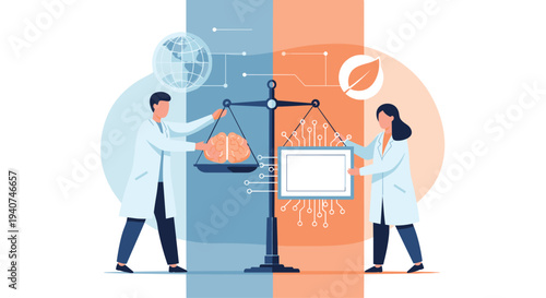 Two scientists in lab coats are carefully balancing a human brain and a circuit board on a large central scale against a split blue and orange background.