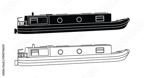 Black and white line drawing of a Narrowboat featuring a distinct silhouette