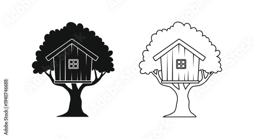 Two treehouse designs one dark and one light presented as a silhouette
