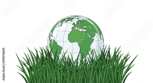 A translucent globe, featuring distinct green landmasses and a white grid, is depicted resting on a lush, vibrant bed of tall green grass blades adorned with numerous small water droplets.