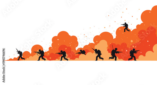 Eight dark military silhouettes are depicted running and advancing with rifles through a chaotic, dense expanse of orange and red smoke and explosions against a stark white background.