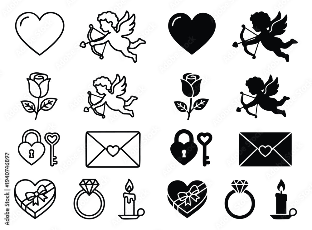 Naklejka premium Outline and silhouette icon set of 16 romantic love symbols featuring hearts, cupid and roses for valentine design