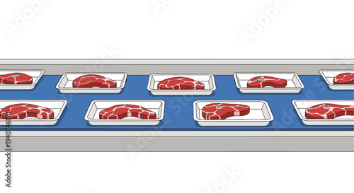 Ten individual red meat steaks, each neatly placed in a rectangular white tray, are shown moving uniformly along a blue conveyor belt within a sterile, industrial setting.