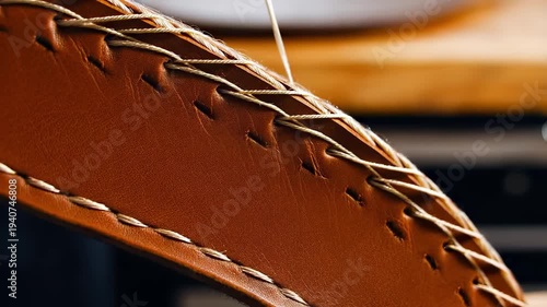 Close-up of a tan leather strap being hand-stitched with waxed thread, neat saddle stitches curving along the edge while a blurred wooden workbench and tools fade into the background.
