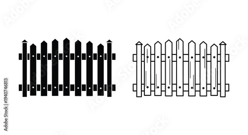 Black and white picket fence illustrations contrasting styles vector graphic silhouette