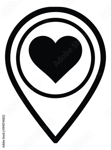 Bold outline illustration of map pin with heart symbol depicting location marker for navigation and travel design