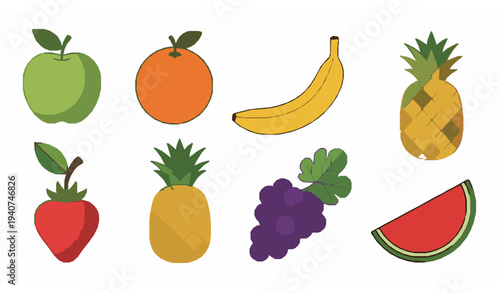Fresh fruits collection vector set with apple banana orange pineapple and berries