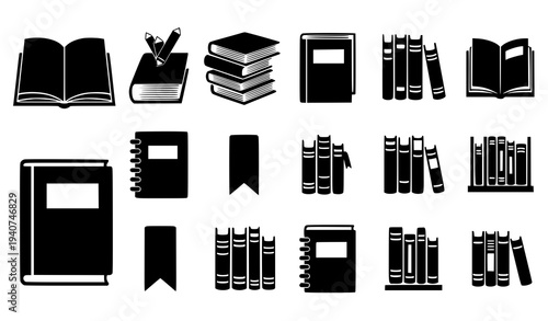 Black book icons set with open book stacked books and notebook symbols