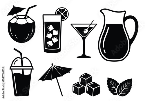 Silhouette icon set of 9 beverage and cocktail elements featuring tropical drinks, glassware and bar accessories for hospitality design