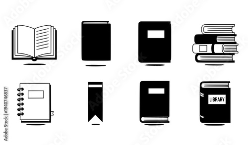 Book icon set with open book stacked books and notebook flat vector collection