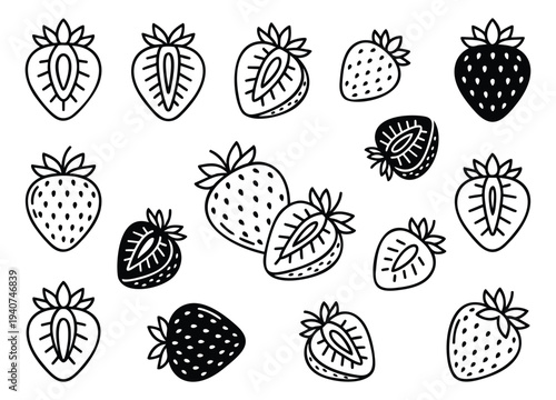 Sketch icon set of 14 strawberry illustrations featuring hand drawn fruit varieties and cross sections for organic food design