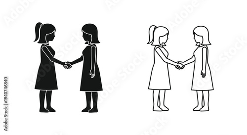 Two women shaking hands depicted in a minimalist black and white silhouette