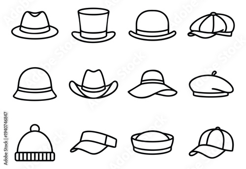 Outline icon set of featuring classic hat styles including fedora, top hat and cowboy for fashion design