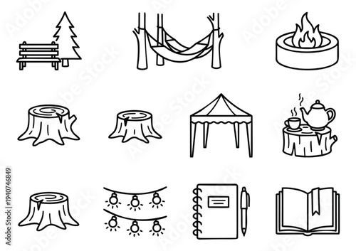 Outline icon set of 11 outdoor recreation symbols featuring camping equipment and nature elements for adventure design