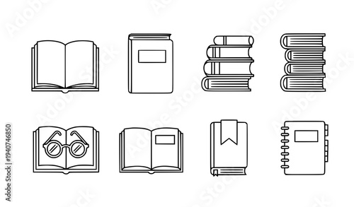 Outline book icons collection with reading and library symbols vector set