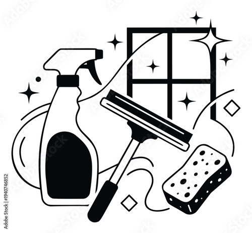 Line art illustration of cleaning supplies featuring spray bottle, squeegee and sponge for housekeeping design