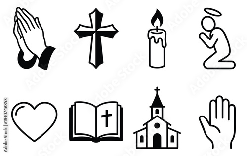 Outline icon set of christian symbols featuring praying hands, cross and church for religious design