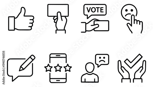 Outline icon set of 8 featuring feedback and survey interaction symbols for user engagement design