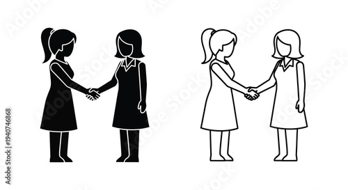 Two women shaking hands depicted in contrasting styles black and white silhouette