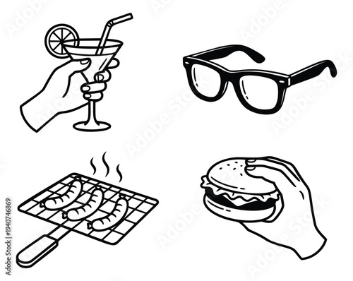 Line art icon set of 4 featuring summer lifestyle items including cocktail, sunglasses, grilled food and burger for casual dining design