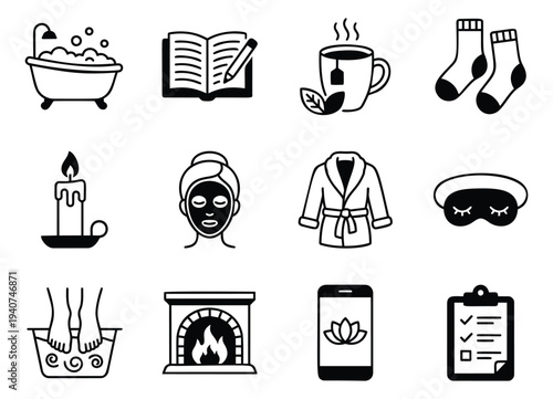 Outline icon set of 12 self care symbols featuring spa, wellness and relaxation activities for lifestyle design