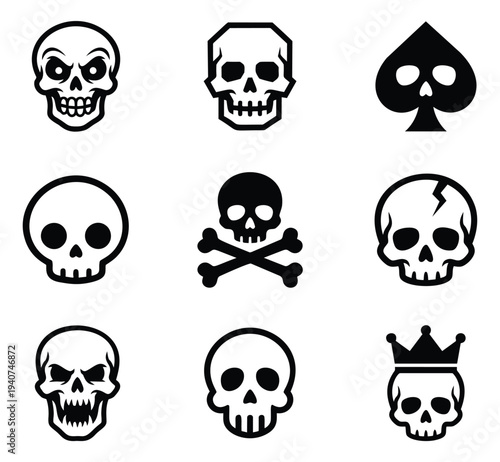 Outline and silhouette icon set of 9 skull symbols featuring various death and danger designs for halloween and gothic themes