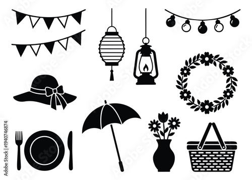 Silhouette icon set of 12 outdoor picnic and party items featuring decorations, dining and garden accessories for summer event design
