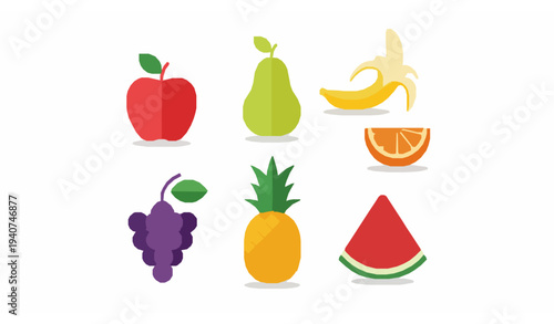 Colorful fruit icon collection with tropical and garden fruits flat vector set