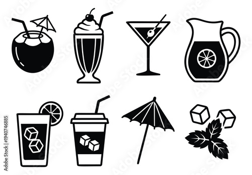Silhouette icon set of 8 beverage elements featuring cocktails, tropical drinks and refreshments for bar and restaurant design