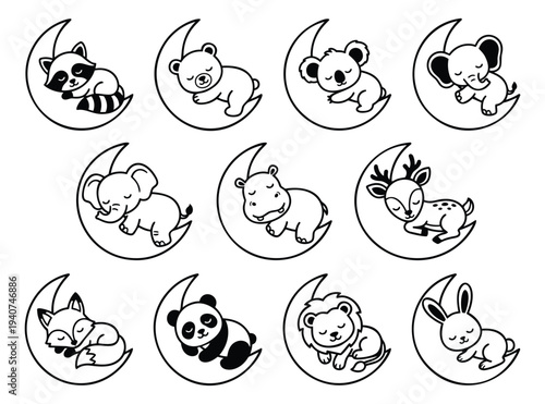 Cartoon icon set of 11 sleeping baby animals on moon featuring cute wildlife characters for nursery and children design