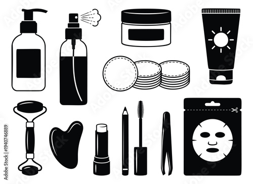 Silhouette icon set of 11 beauty and skincare products featuring cosmetics, tools and facial treatments for personal care design