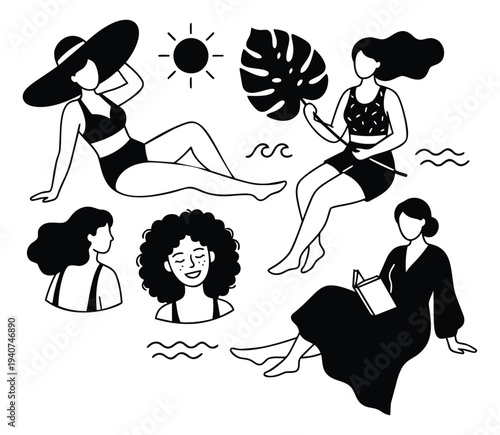 Line art illustration set featuring women in summer fashion and beachwear for lifestyle and vacation design